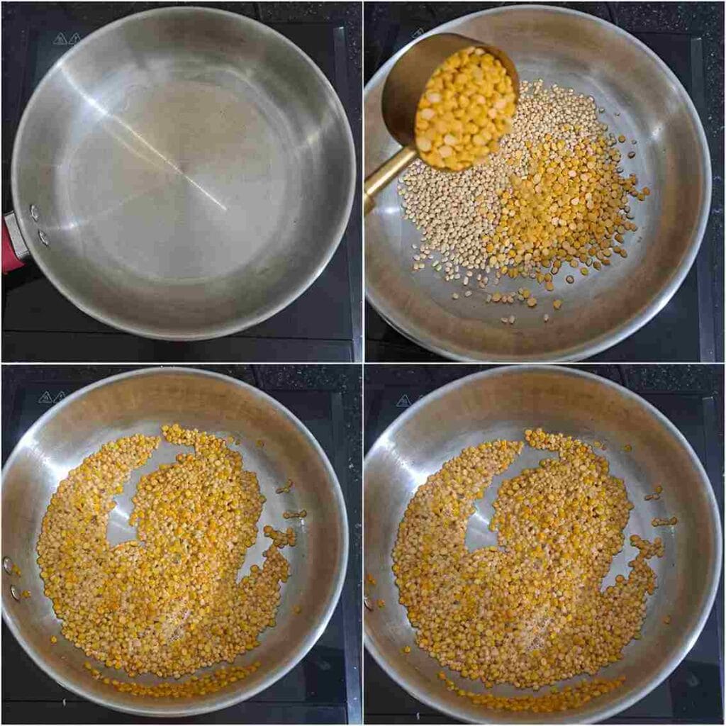 Roasting urad dal and chana dal in a pan for making traditional idli podi