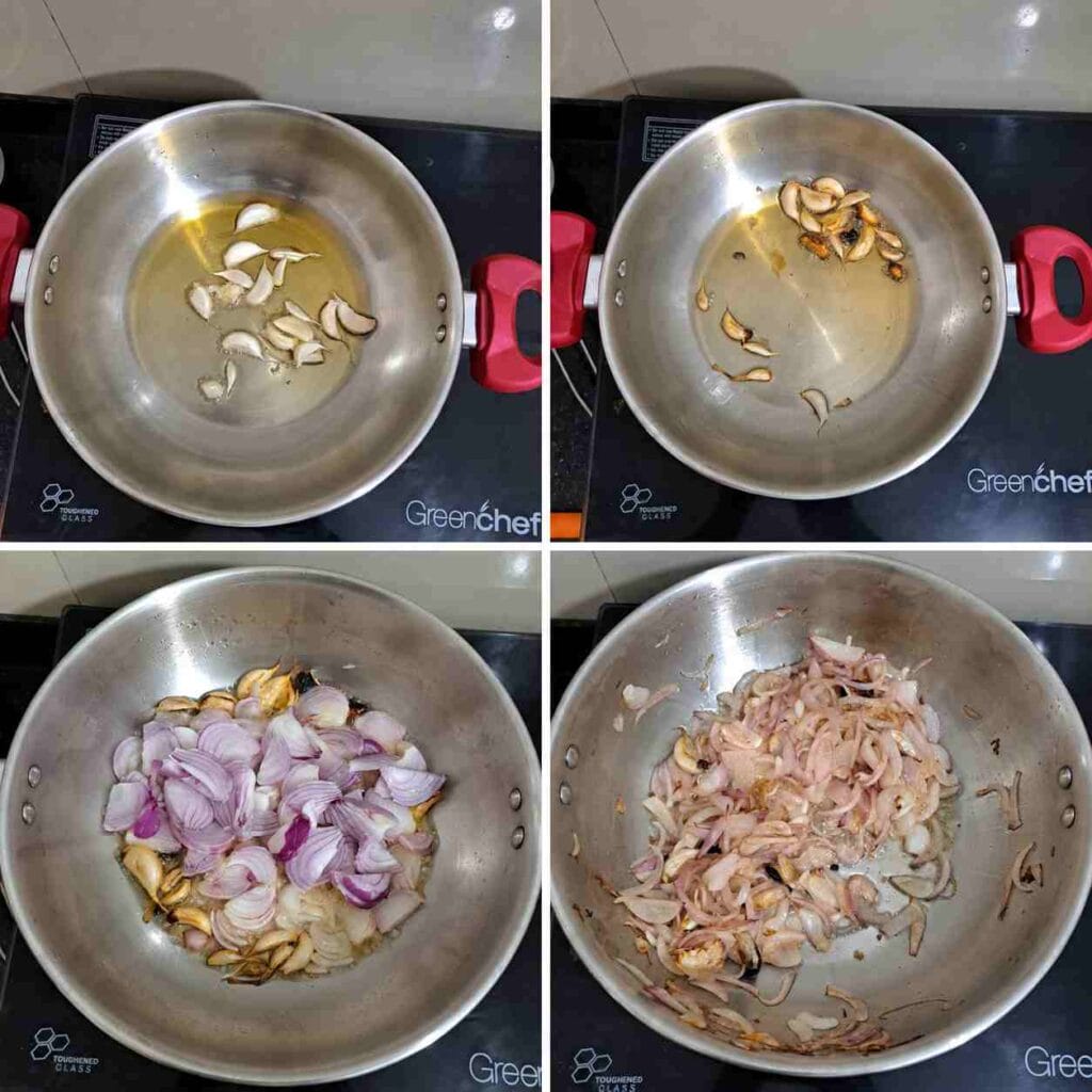 Garlic roasted in sesame oil followed by sliced onions being sautéed until soft and lightly golden for Eral Sambal.