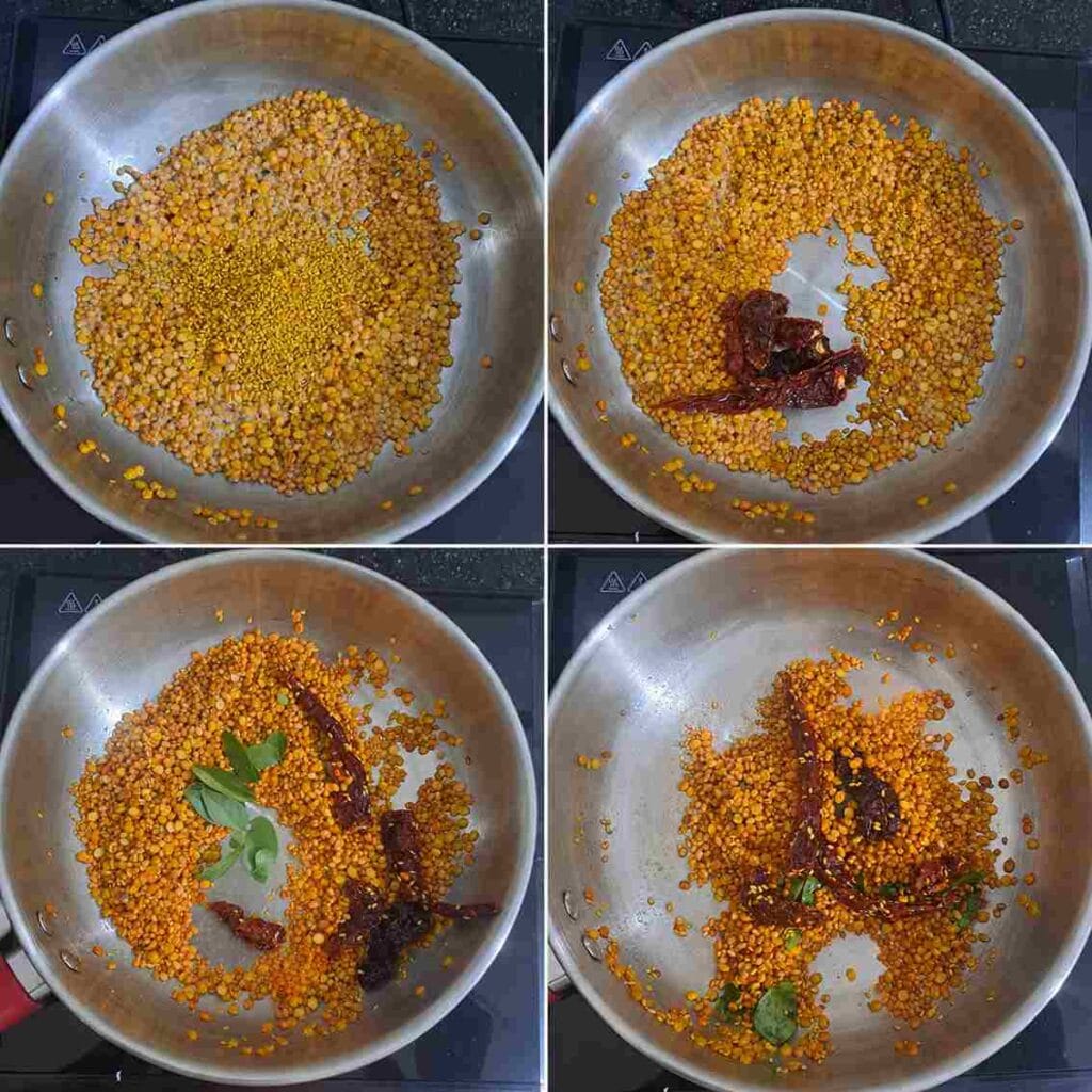 Sesame seeds, red chillies and curry leaves roasted with lentils for idli podi