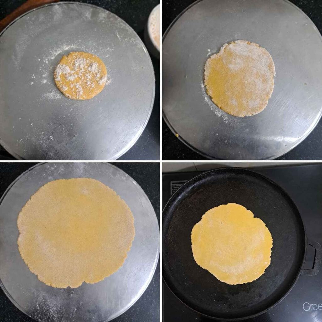 Step-by-step rolling process of soft homemade makki atta roti on a rolling board