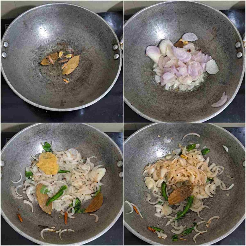 Onions, green chillies, and whole spices sauteed in oil for making Kumbakonam Kadappa