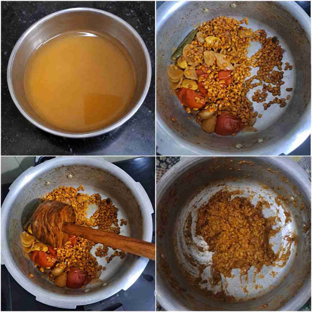 Cooked horse gram stock separated and the remaining kollu mashed with onion, tomato and garlic for Kollu Paruppu