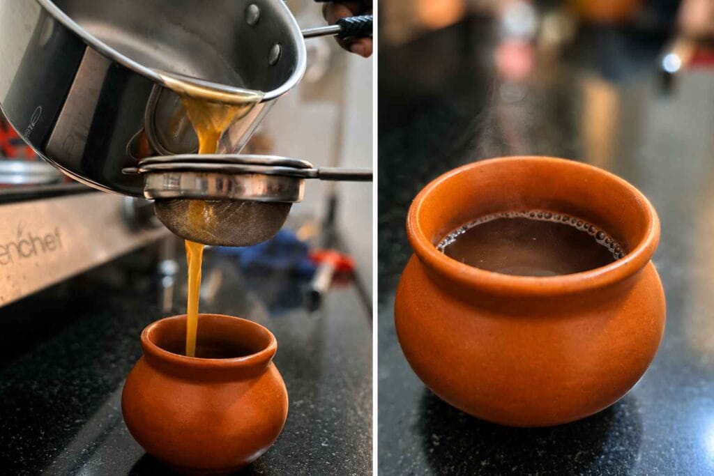 Hot Sukku Malli Coffee filtered and served in a traditional clay cup