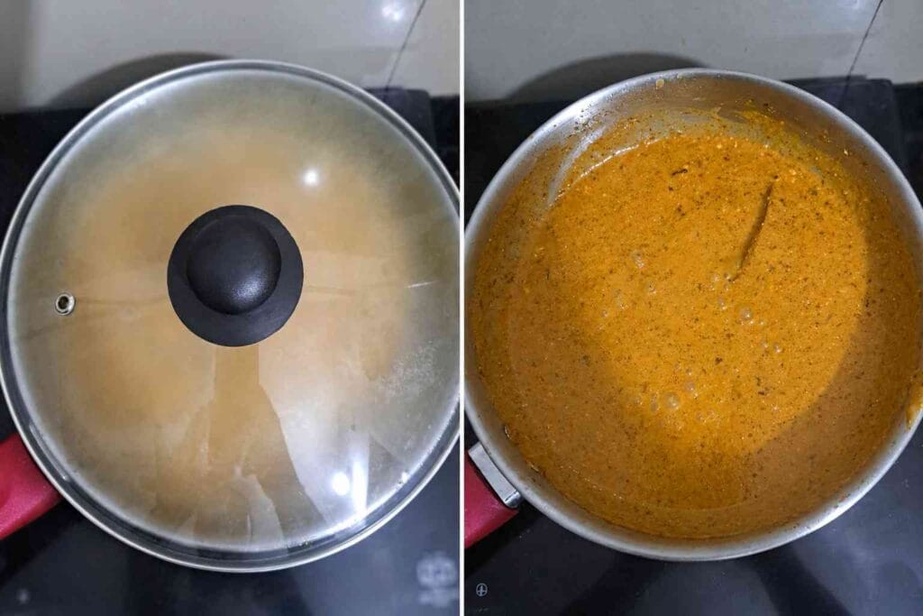 Creamy paneer gravy masala simmering in a pan until thick and flavorful