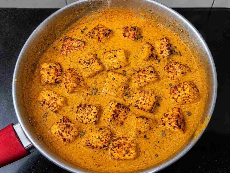 Simple Paneer Gravy Recipe made with roasted paneer cubes in creamy homemade curry gravy