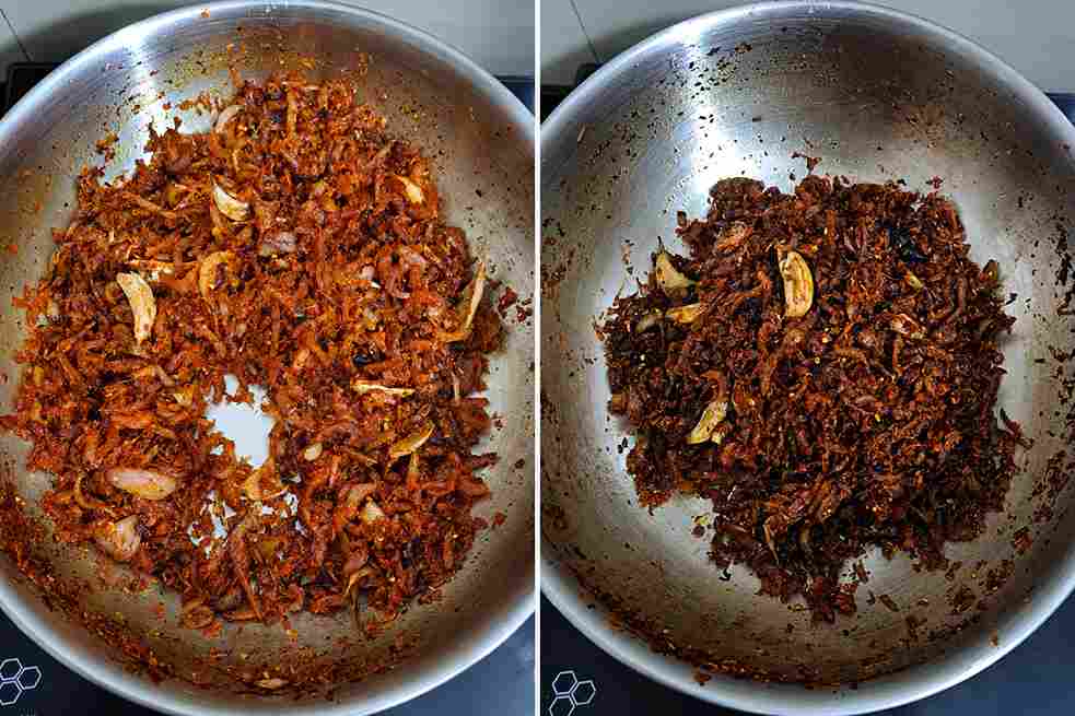 Eral Sambal being slow roasted until the onions, garlic, chilli flakes, and dry prawns turn dark, dry, and well combined.