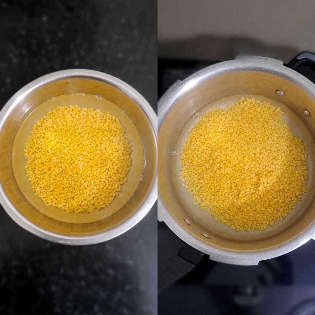 Soaked moong dal (pasi paruppu) prepared for making Parangikkai Sambar in a pressure cooker.