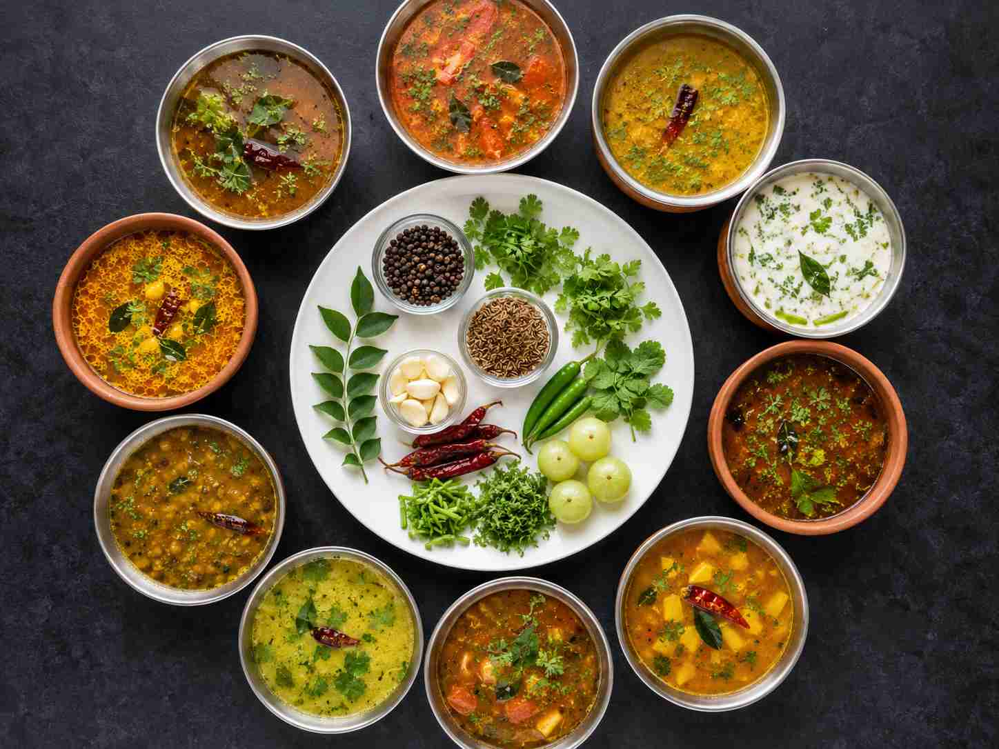 South Indian rasam recipes with traditional rasam varieties and essential ingredients arranged on a platter