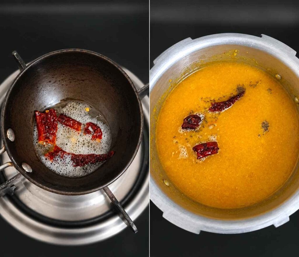 Tempering with mustard seeds, hing, and dried red chillies added to homemade Parangikkai Sambar.