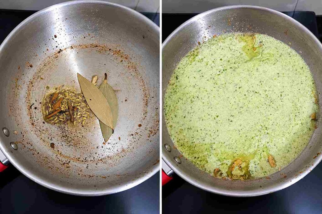 Whole spices tempered in oil before adding creamy paneer gravy masala paste