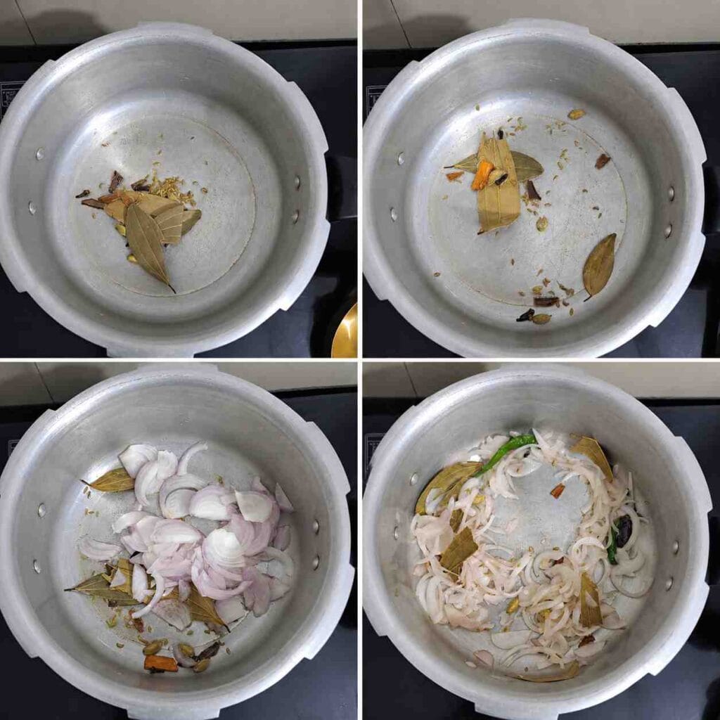 Whole spices and sliced onions sautéed in a pressure cooker for chickpea millet pulao