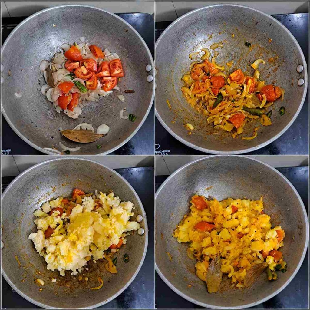 Tomatoes and mashed potatoes cooked with onions and spices for making Kumbakonam Kadappa