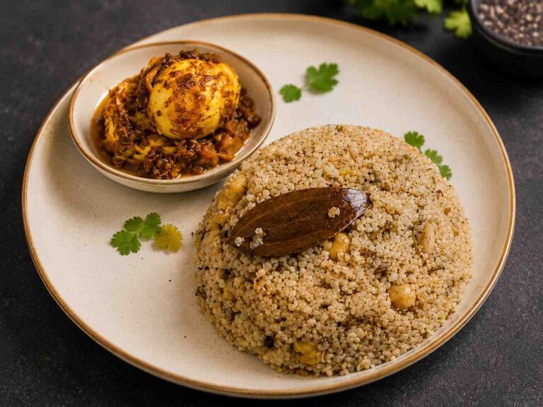 Varagu Arisi Kondaikadalai Pulao made with kodo millet, chickpeas and coconut milk