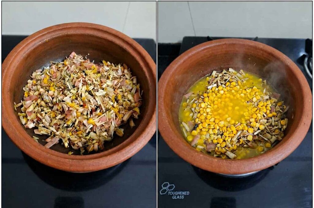 Cleaned vazhaipoo cooked with channa dal for traditional South Indian Vazhaipoo Kootu.