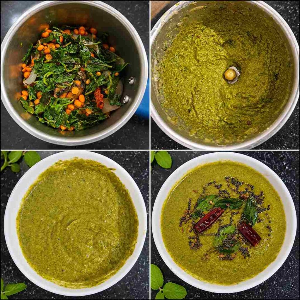 Step-by-step process of blending Mint Chutney Recipe into a smooth paste and finishing with mustard seed tempering for South Indian Pudina Chutney without coconut.