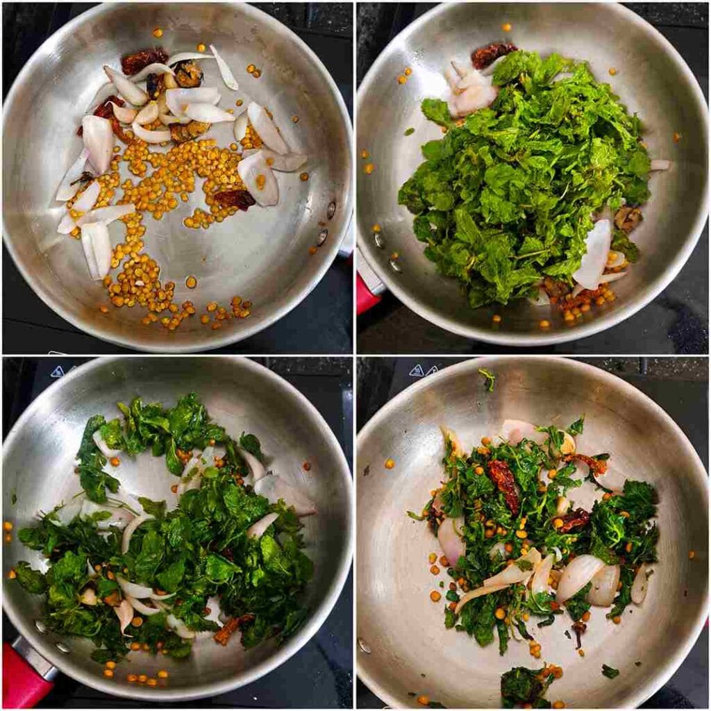 Step-by-step sautéing fresh mint leaves with onion, garlic, urad dal, toor dal, tamarind, and dried red chillies for South Indian Mint Chutney Recipe.