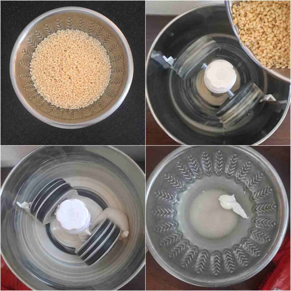 Grinding urad dal in a wet grinder for soft Red Cholam Idli Dosa Batter Recipe