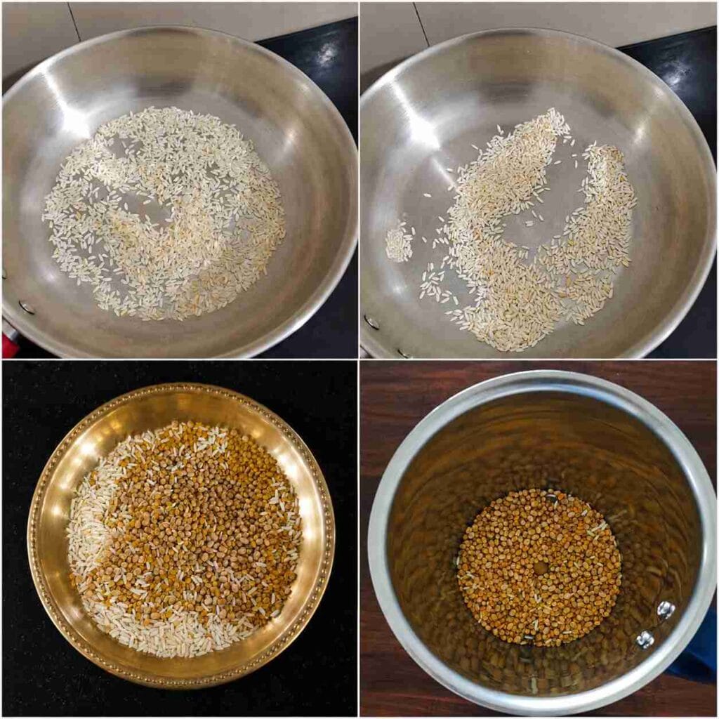 Raw rice roasted until lightly golden, combined with roasted urad dal and moong dal, then transferred to a blender for flour.