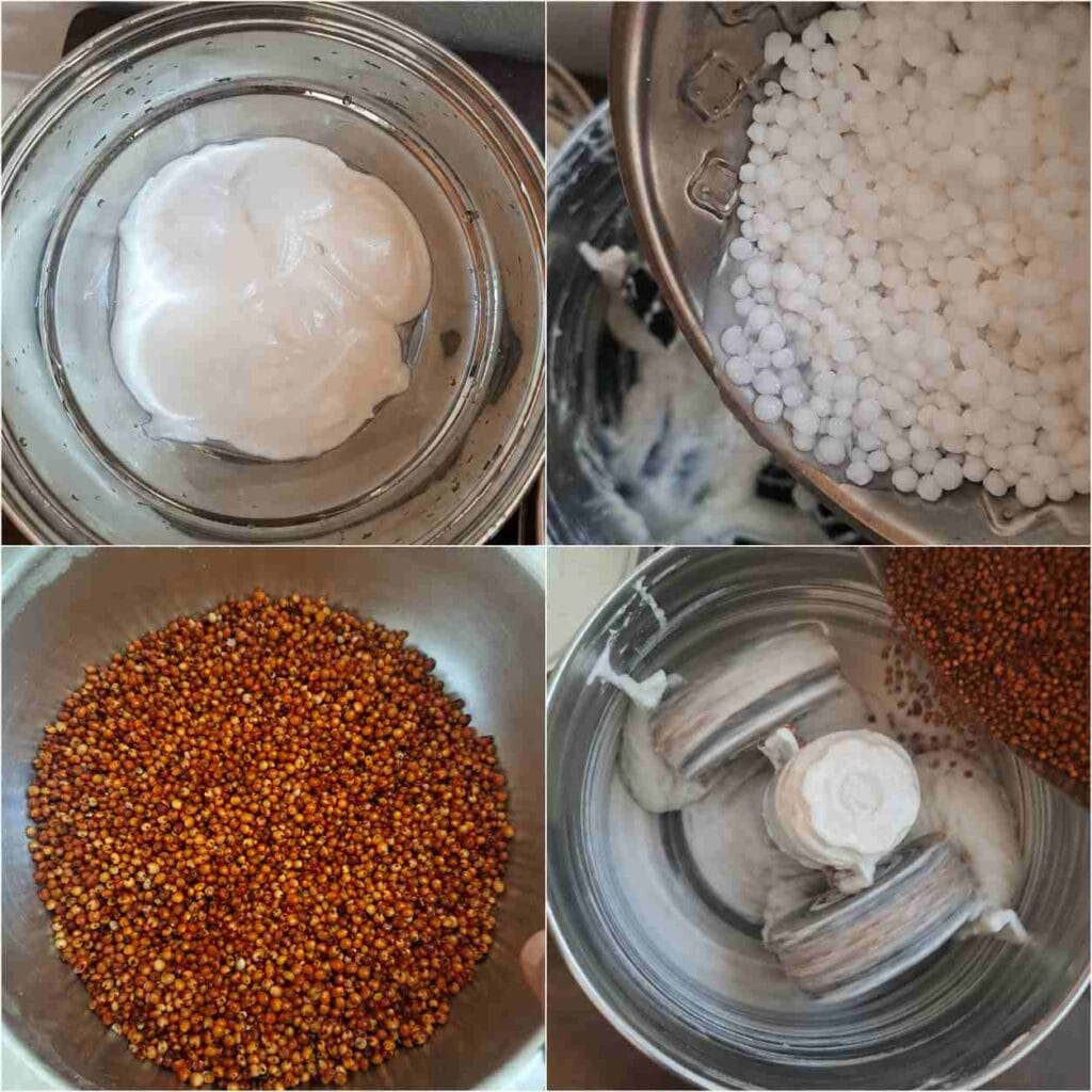 Adding soaked javvarisi and Red Cholam to the wet grinder while preparing Red Cholam Idli Dosa Batter recipe