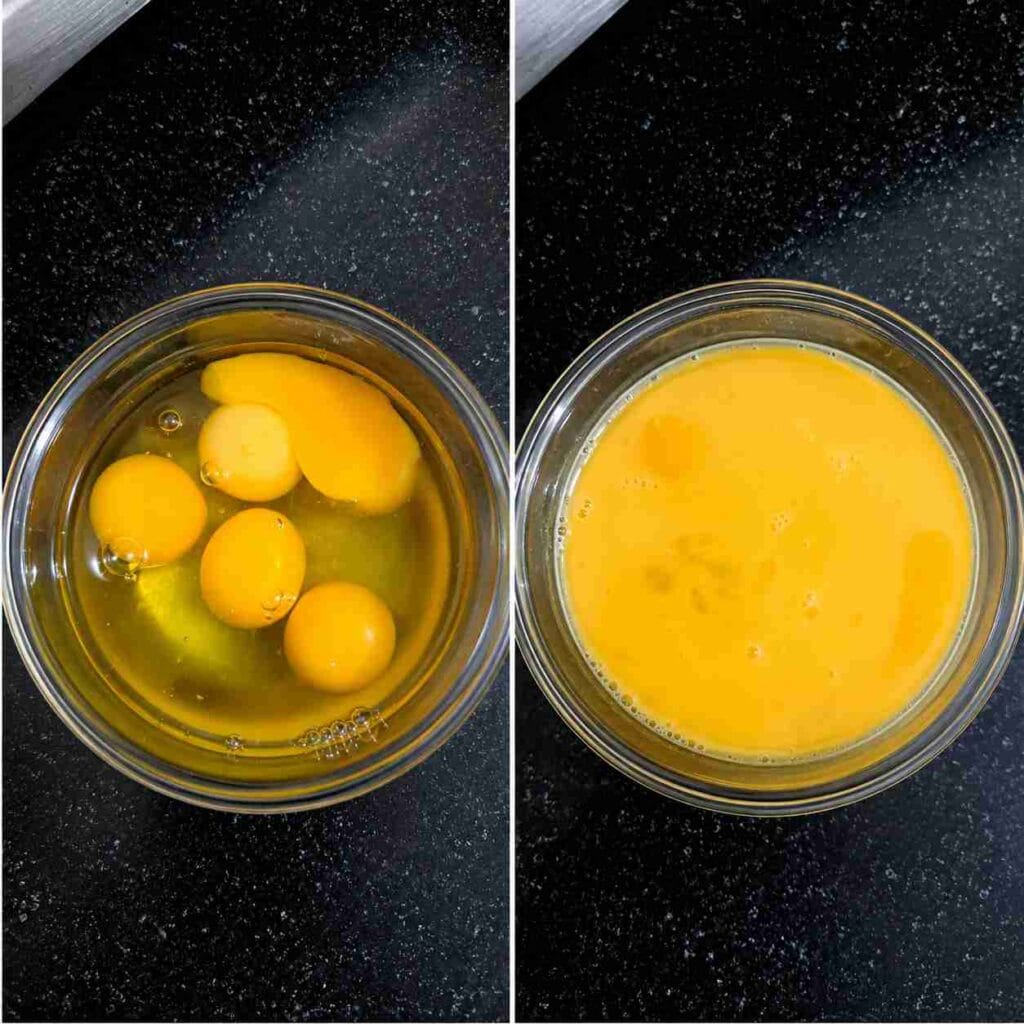 Two-step collage showing five cracked eggs in a glass bowl and the eggs whisked until smooth for making Muttai Kothu Parotta.
