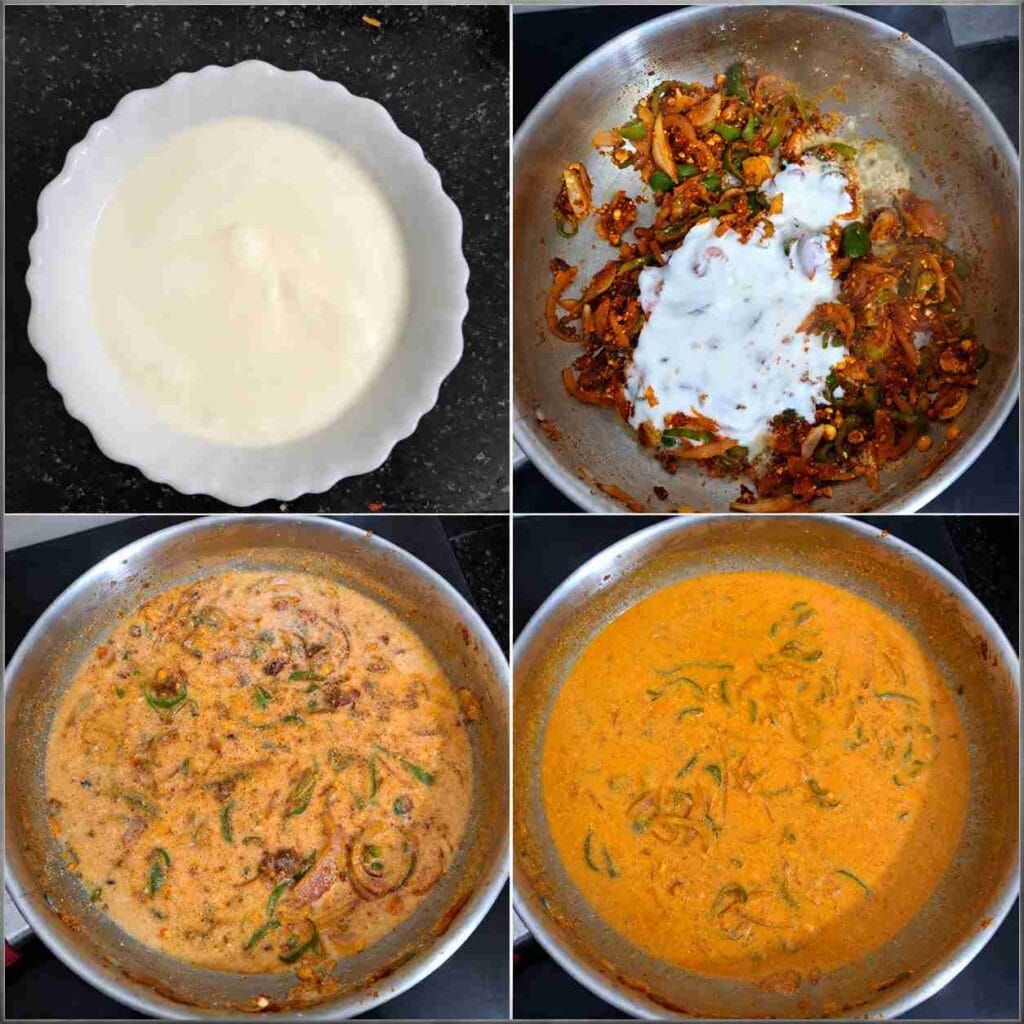 Thick curd added to capsicum curry to create a creamy tomato-free homemade gravy.