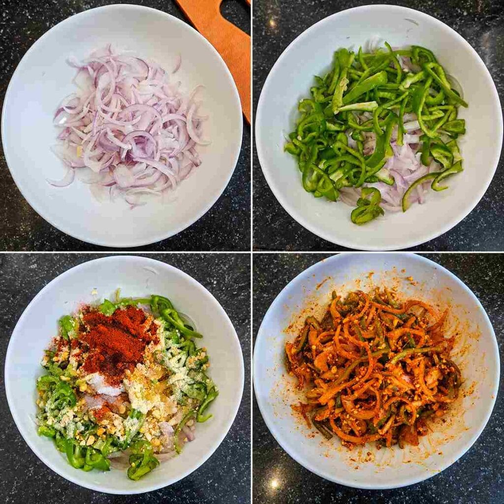 Thinly sliced onion and capsicum mixed with spices and roasted gram for homemade capsicum masala.