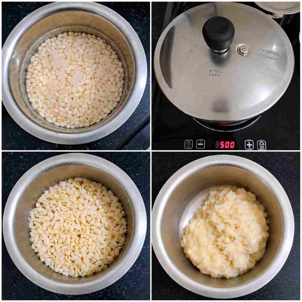 Step-by-step process of soaking, pressure cooking, and mashing urad dal for making traditional Ulundu Paal Recipe.