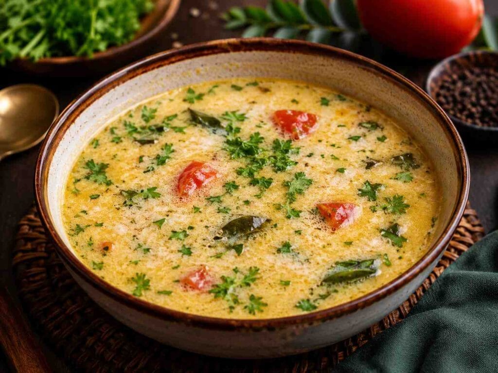 Creamy Pattani Kurma made with green peas, potatoes, coconut, and spices garnished with fresh coriander