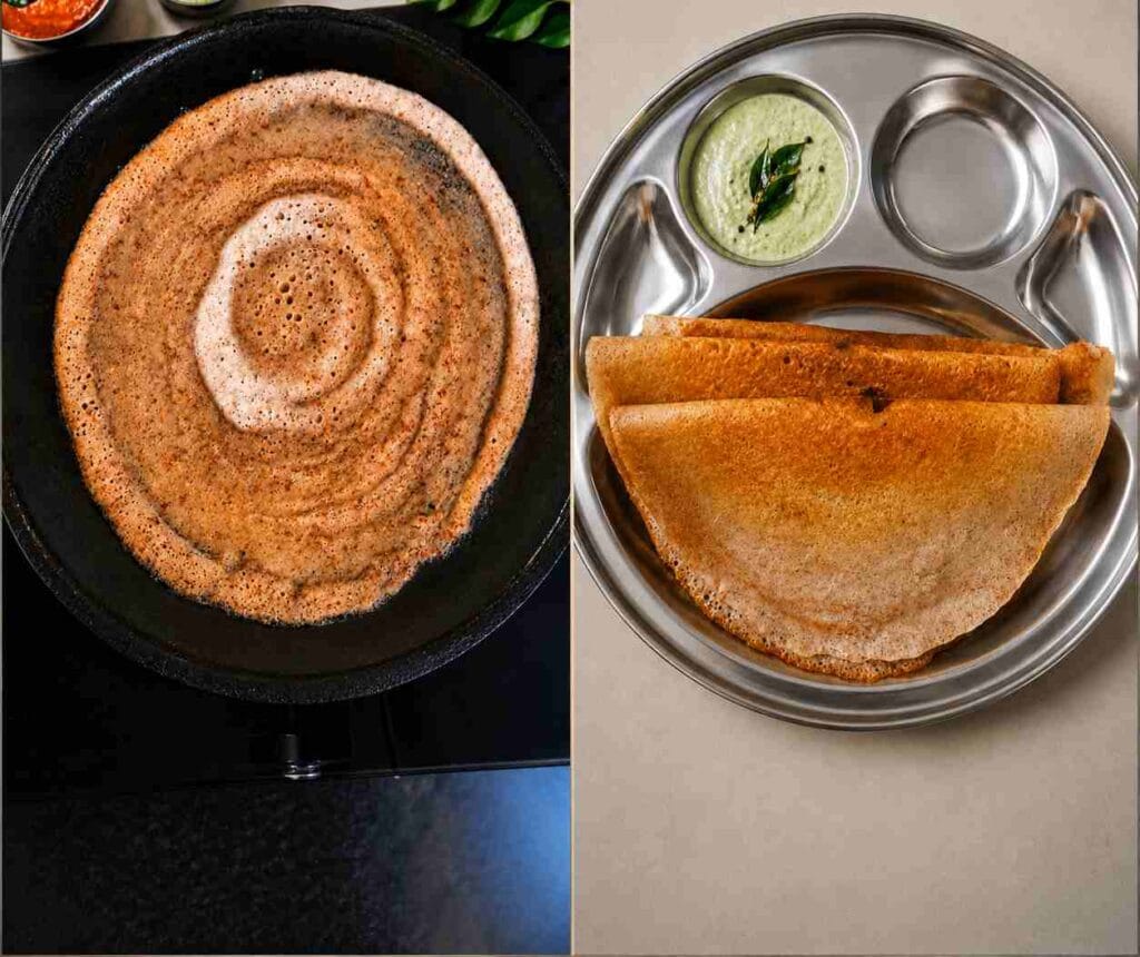 Crispy Red Cholam dosa prepared using homemade fermented Red Cholam Idli Dosa Batter served with coconut chutney