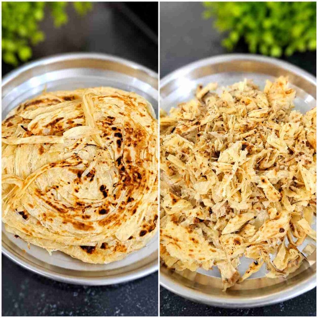 Egg Kothu Parotta recipe preparation showing leftover parottas lightly heated and shredded into small pieces before cooking.