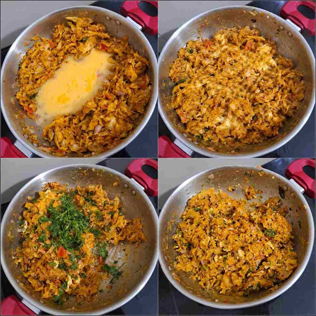 Four-step collage showing beaten eggs mixed into seasoned shredded parottas and finished with fresh coriander in a kadai.
