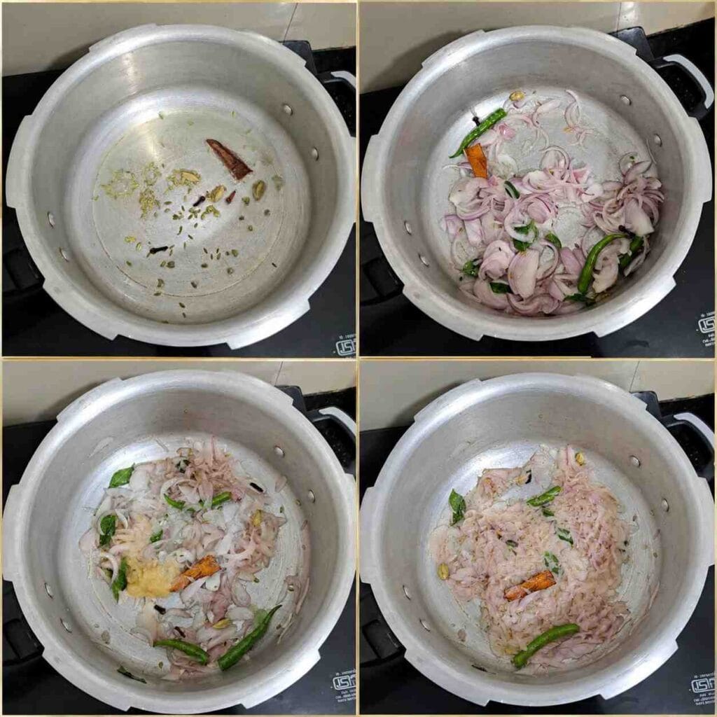 Whole spices, onions, green chillies, and ginger garlic paste sautéed to prepare the curry base for green peas kurma