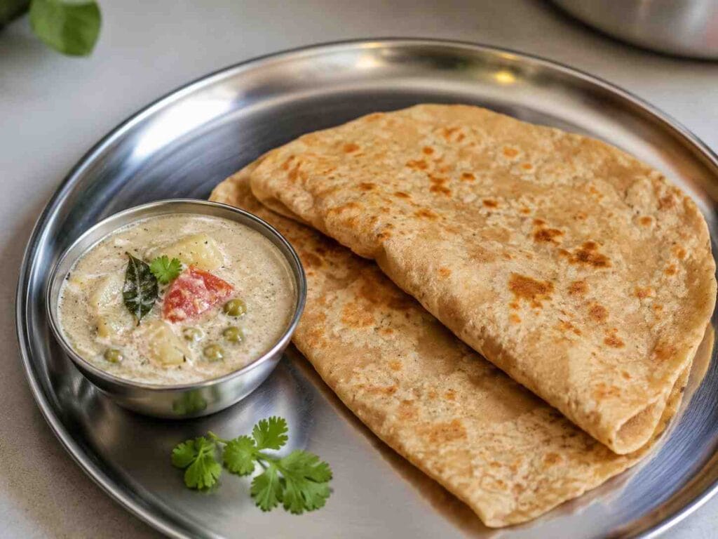 Soft chapati served with creamy green peas and potato coconut curry on a stainless steel plate