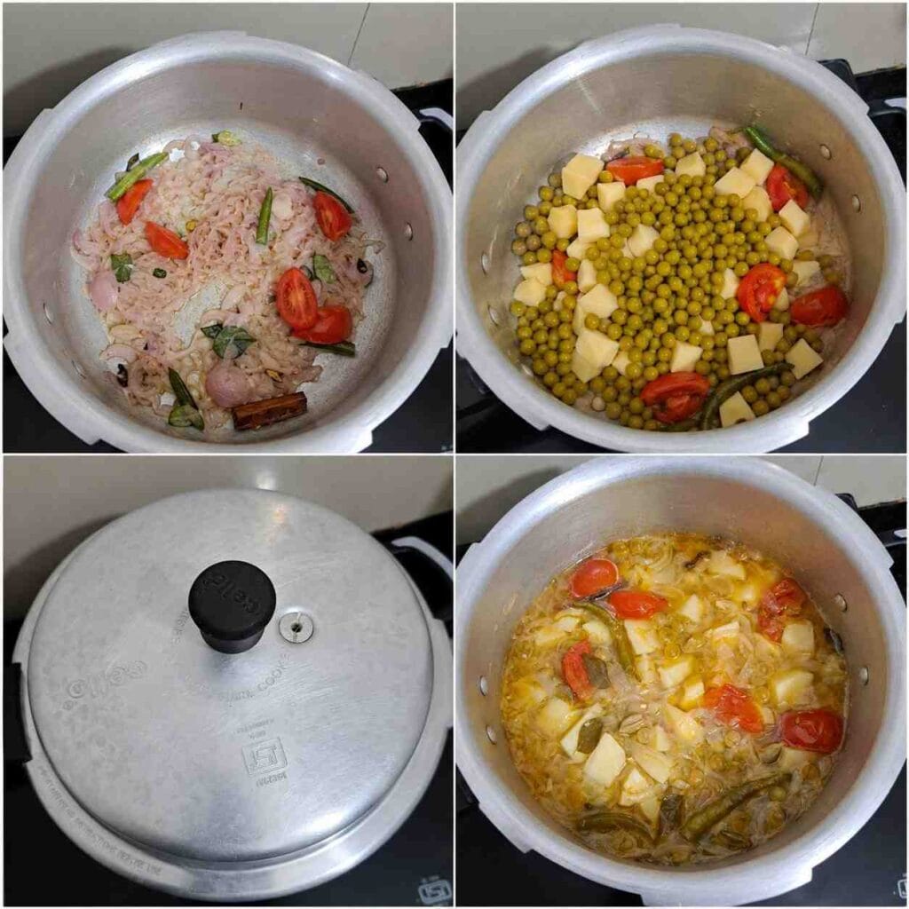Green peas, potatoes, and tomatoes simmering in a pressure cooker with aromatic South Indian spices