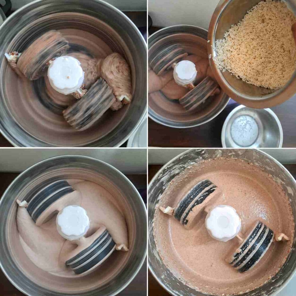 Adding soaked idli rice to the wet grinder and grinding with Red Cholam for smooth idli dosa batter