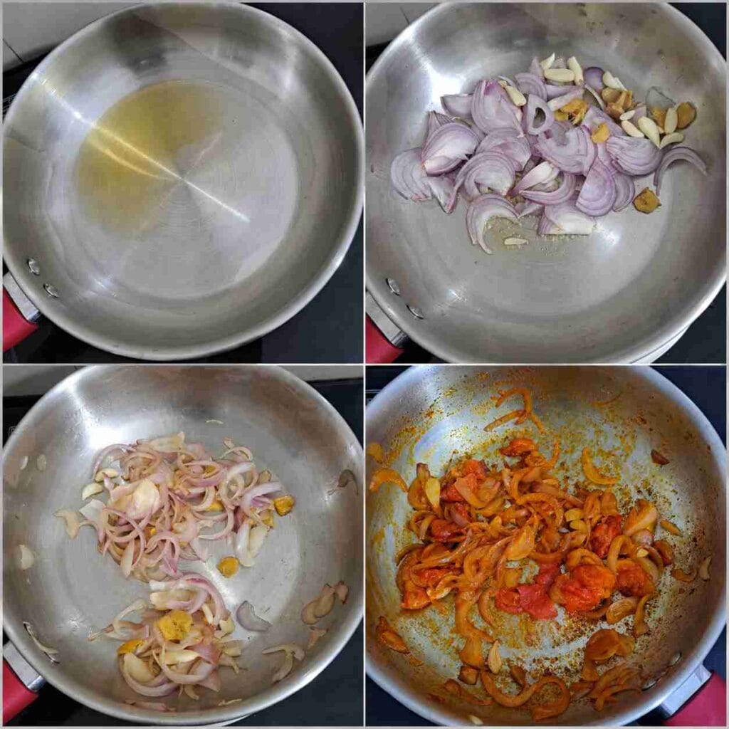Four-step collage showing onions, garlic, ginger, and tomatoes sautéed in a pan to prepare homemade kulambu for egg kothu parotta.
