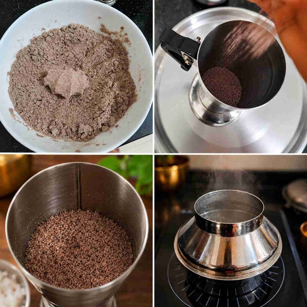 Step-by-step process of making ragi puttu by mixing ragi flour, filling a puttu maker, and steaming until cooked.