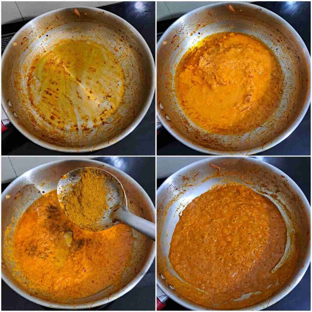 Four-step collage showing blended onion tomato gravy simmering with chicken masala until thick and oil separates in a pan.