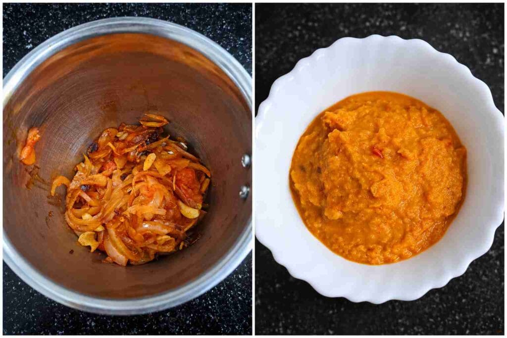 Sauteed onions, tomatoes, ginger, and garlic blended into a smooth homemade kulambu paste in a blender and served in a bowl.