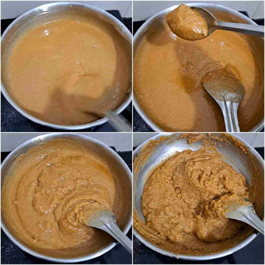 Aadi Kummayam mixture thickening while cooking, showing the smooth halwa consistency before it leaves the sides of the pan.