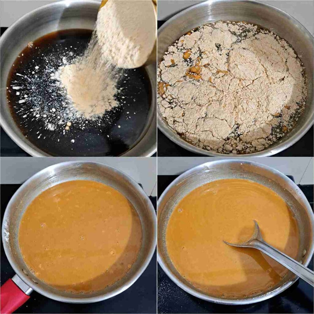 Ground Aadi Kummayam flour added to cooled jaggery syrup and mixed into a smooth, lump-free mixture before cooking.