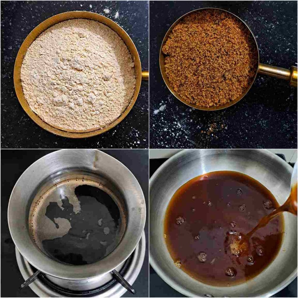 Freshly ground Aadi Kummayam flour, grated country jaggery, prepared jaggery syrup, and filtered syrup ready for the next step.