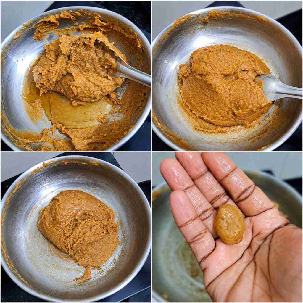 Cooked Aadi Kummayam leaving the sides of the pan with a smooth texture and a small portion rolled into a soft ball.
