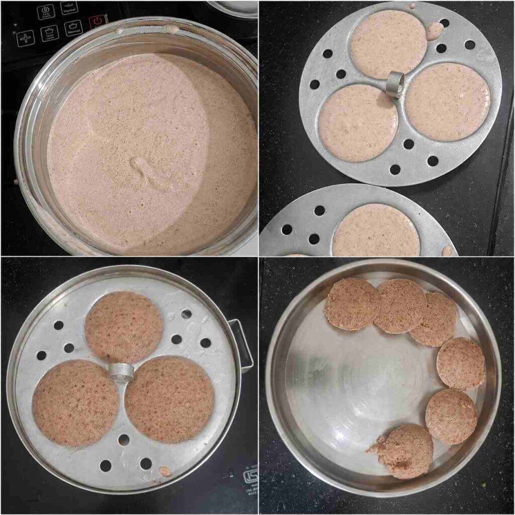 Pouring fermented Red Cholam Idli Dosa Batter into idli moulds and steaming soft homemade millet idlis