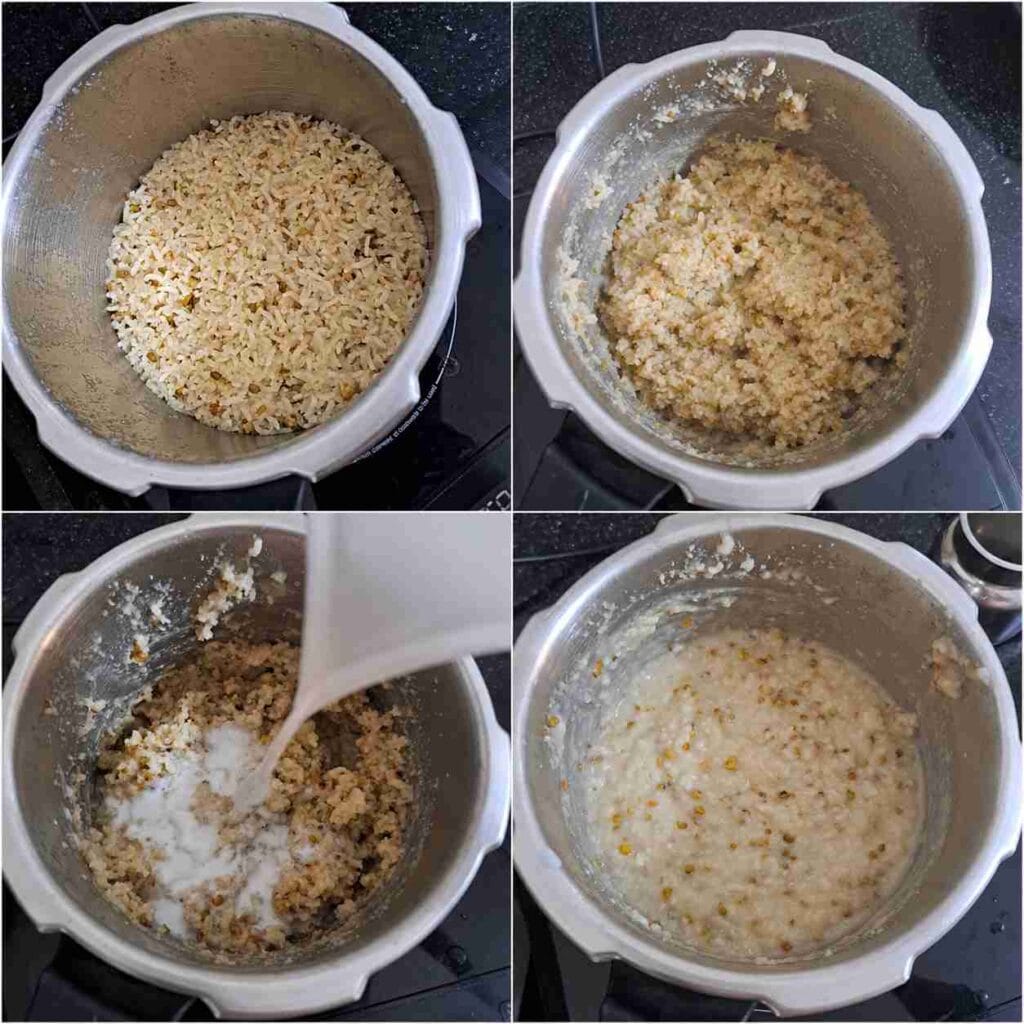 Collage showing cooked green gram and rice, mashed mixture, fresh coconut milk being added, and the final porridge texture.