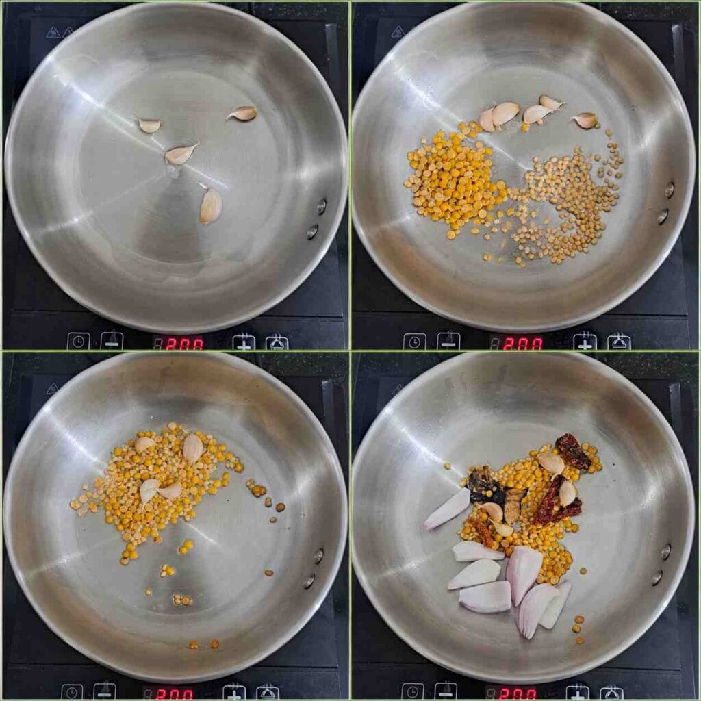 Step-by-step roasting of garlic, chana dal, coriander seeds, dried red chillies, and onions in a pan for South Indian Mint Chutney Recipe (Pudina Chutney).