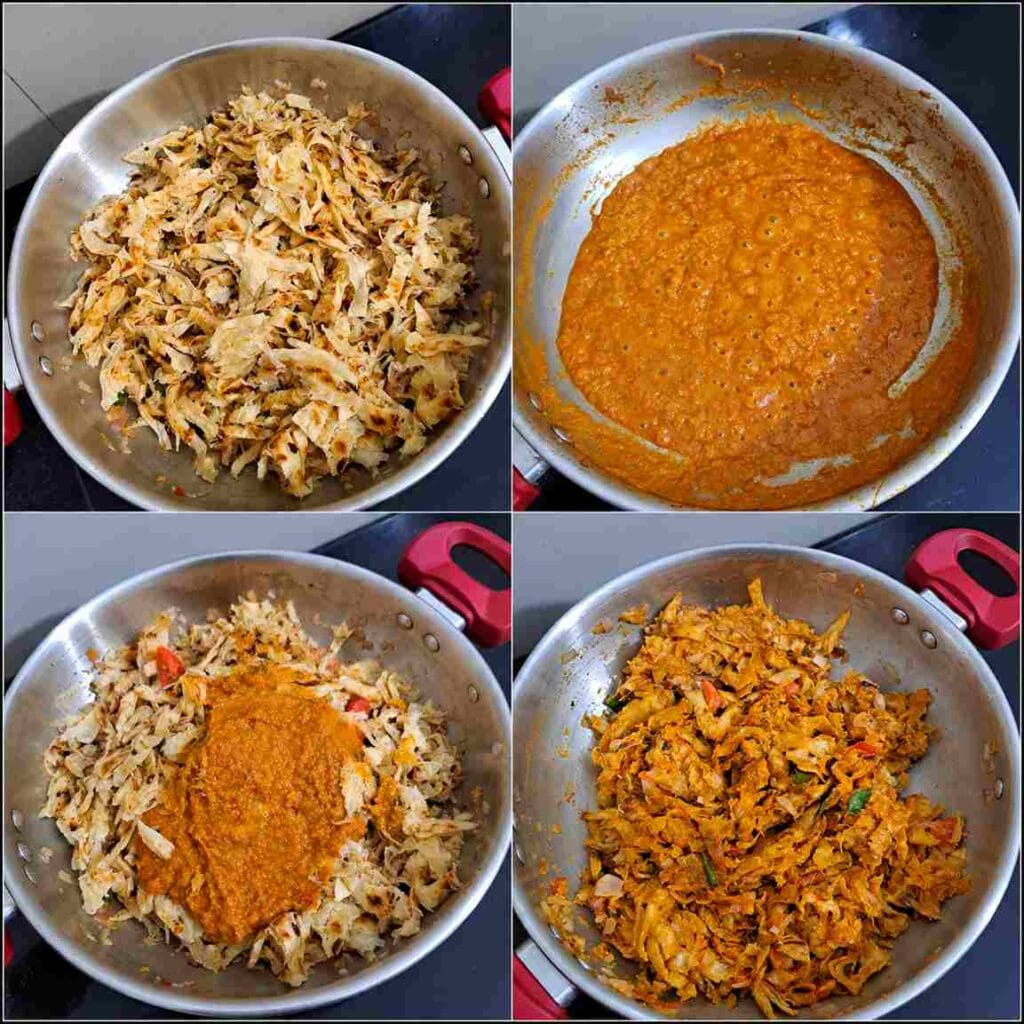 Four-step collage showing shredded parottas mixed with prepared chicken gravy in a kadai until evenly coated with the masala.