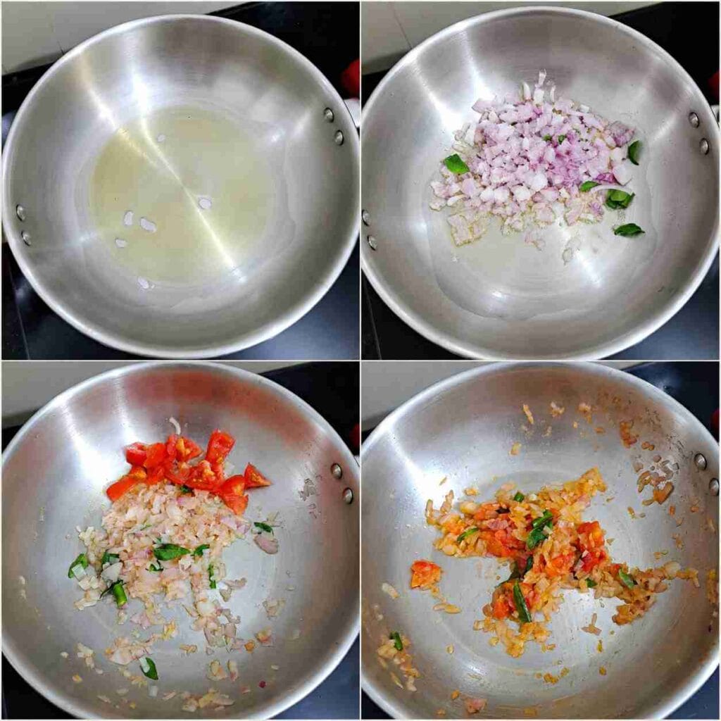 Four-step collage showing chopped onions, curry leaves, and tomatoes sautéed in a pan to prepare the masala for Kothu Parotta.