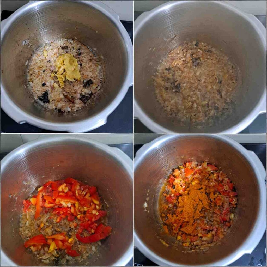 Pressure cooker parotta salna recipe showing ginger garlic paste, chopped tomatoes, and spice powders cooked into a rich masala base.