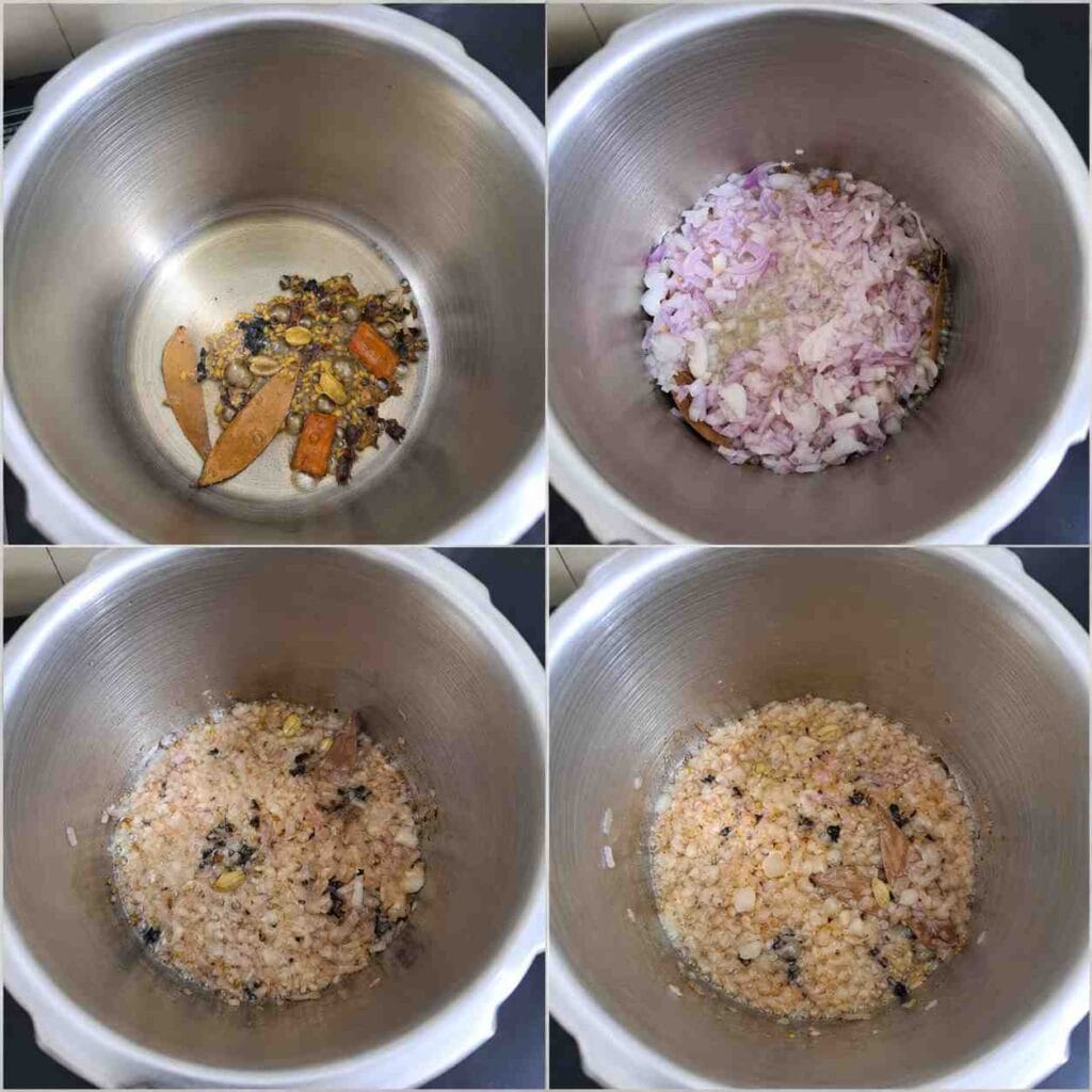 Pressure cooker parotta salna recipe showing whole spices tempered in oil followed by finely chopped onions sautéed until light golden.